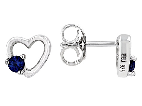 Blue Lab Created Sapphire Rhodium Over Silver Childrens Heart Earrings .14ctw