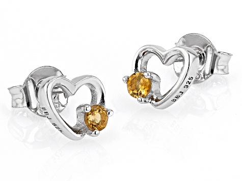 Yellow Citrine Rhodium Over Silver Childrens Birthstone Heart Earrings .11ctw