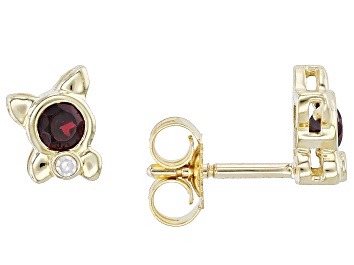 Picture of Raspberry Color Rhodolite And White Diamond 10K Yellow Gold Cat Earrings 0.27ctw