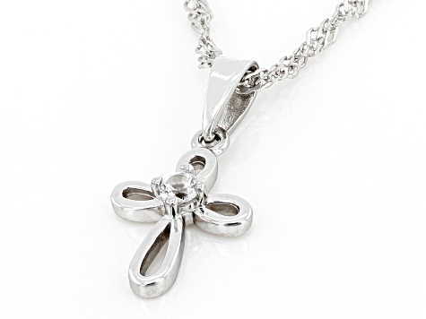 White Lab Created Sapphire Rhodium Over Sterling Silver Children's Cross Pendant/Chain .06ct