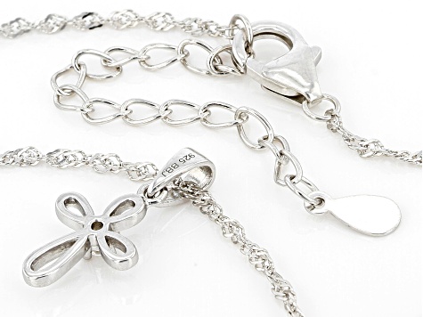 White Lab Created Sapphire Rhodium Over Sterling Silver Children's Cross Pendant/Chain .06ct