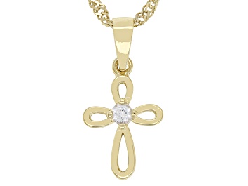 Picture of White Lab Created Sapphire 18k Yellow Gold Over Sterling Silver Children's Cross Pendant/Chain .06ct