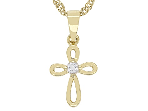 White Lab Created Sapphire 18k Yellow Gold Over Sterling Silver Children's Cross Pendant/Chain .06ct