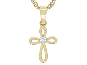 White Lab Created Sapphire 18k Yellow Gold Over Sterling Silver Children's Cross Pendant/Chain .06ct