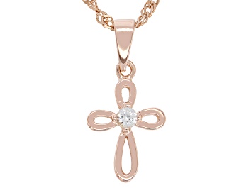 Picture of White Lab Created Sapphire 18k Rose Gold Over Sterling Silver Children's Cross Pendant/Chain .06ct