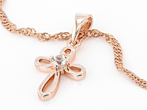 White Lab Created Sapphire 18k Rose Gold Over Sterling Silver Children's Cross Pendant/Chain .06ct
