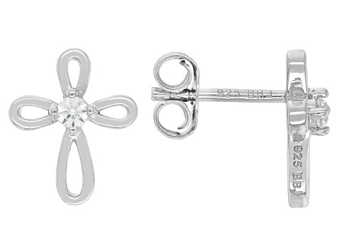 White Lab Created Sapphire Rhodium Over Sterling Silver Children's Cross Stud Earrings .07ctw