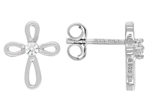White Lab Created Sapphire Rhodium Over Sterling Silver Children's Cross Stud Earrings .07ctw