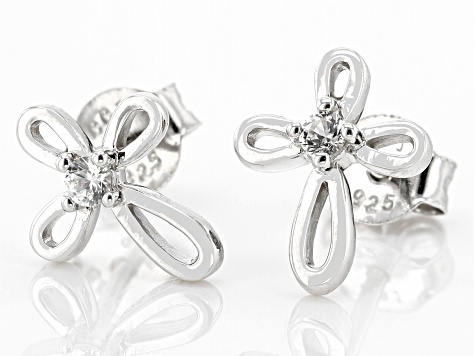 White Lab Created Sapphire Rhodium Over Sterling Silver Children's Cross Stud Earrings .07ctw