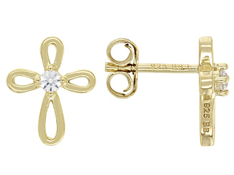 White Lab Created Sapphire 18k Yellow Gold Over Silver Children's Cross Stud Earrings .07ctw