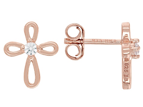 White Lab Created Sapphire 18k Rose Gold Over Sterling Silver Children's Cross Stud Earrings .07ctw