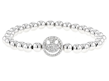 Picture of White Lab Created Sapphire Rhodium Over Sterling Silver Smiley Face Stretch Bracelet .20ctw