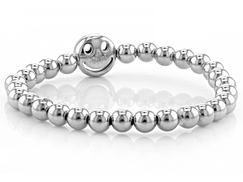 White Lab Created Sapphire Rhodium Over Sterling Silver Smiley Face Stretch Bracelet .20ctw