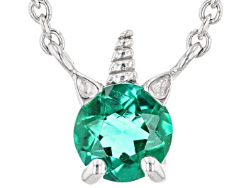 Picture of Green Lab Created Emerald Rhodium Over Sterling Silver Children's Unicorn Necklace .26ct