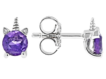 Picture of Purple Amethyst Rhodium Over Sterling Silver Children's Unicorn Stud Earrings .39ctw