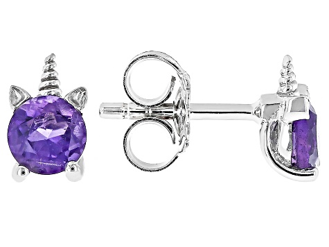 Purple Amethyst Rhodium Over Sterling Silver Children's Unicorn Stud Earrings .39ctw