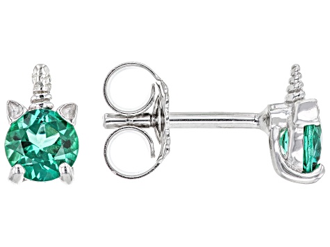 Green Lab Created Emerald Rhodium Over Sterling Silver Children's Unicorn Stud Earrings .37ctw
