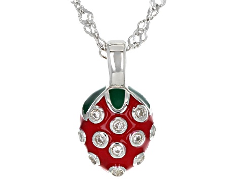 White Zircon With Red & Green Enamel Rhodium Over Silver Children's Strawberry Pendant/Chain .05ctw