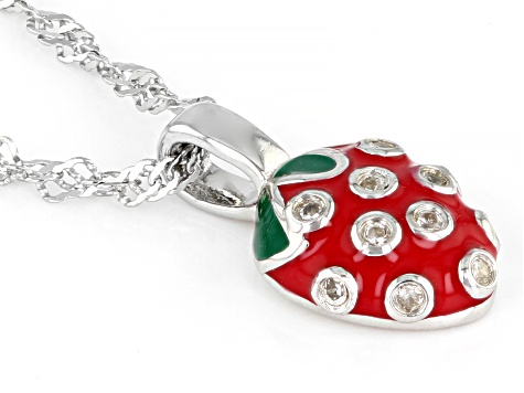 White Zircon With Red & Green Enamel Rhodium Over Silver Children's Strawberry Pendant/Chain .05ctw