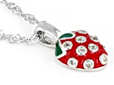 White Zircon With Red & Green Enamel Rhodium Over Silver Children's Strawberry Pendant/Chain .05ctw