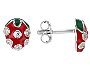 White Zircon With Red & Green Enamel Rhodium Over Silver Children's Strawberry Earrings .05ctw