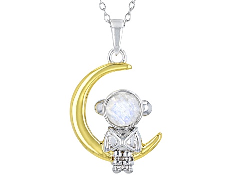 Rainbow Moonstone Rhodium & 18k Gold Over Silver Astronaut/Moon Children's Pendant/Chain