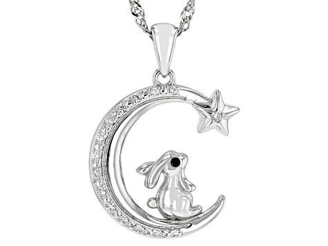 White Zircon Rhodium Over Silver Bunny & Moon Children's Pendant With Chain 0.11ctw