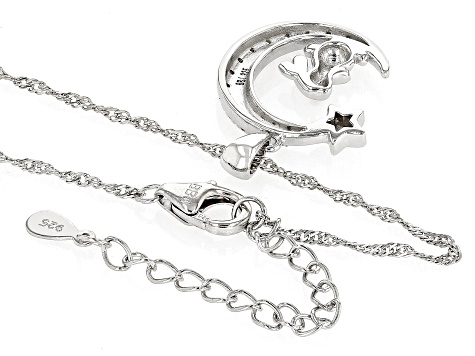 White Zircon Rhodium Over Silver Bunny & Moon Children's Pendant With Chain 0.11ctw