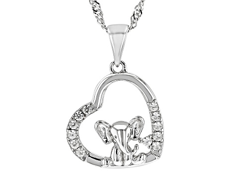 White Zircon Rhodium Over Sterling Silver Children's Elephant Pendant With Chain 0.21ctw