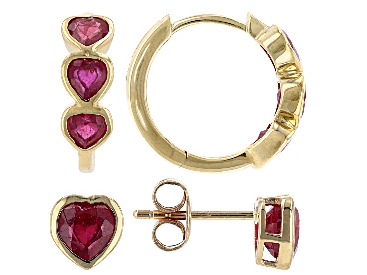 Red Mahaleo® Ruby 10k Yellow Gold Children's Heart Stud And Hoop Earring Set 4.16ctw