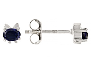 Blue Lab Created Sapphire Rhodium Over Sterling Silver Cat Children's Stud Earrings 0.32ctw