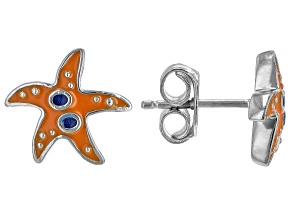 Orange Enamel Rhodium Over Sterling Silver Starfish Children's Earrings