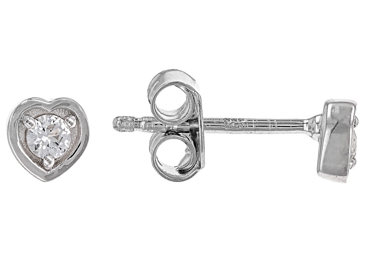 White Lab Created Sapphire Rhodium Over Sterling Silver Children's Birthstone Stud Heart Earrings