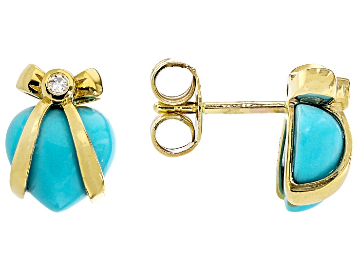 Blue Sleeping Beauty Turquoise And White Diamond 10k Yellow Gold Children's Heart Earrings 0.01ctw