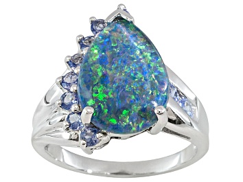 Picture of Opal Australian Triplet With Tanzanite Rhodium Over Sterling Silver Ring .53ctw
