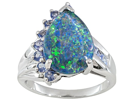 Opal Australian Triplet With Tanzanite Rhodium Over Sterling Silver Ring .53ctw