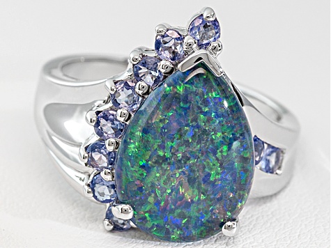Opal Australian Triplet With Tanzanite Rhodium Over Sterling Silver Ring .53ctw