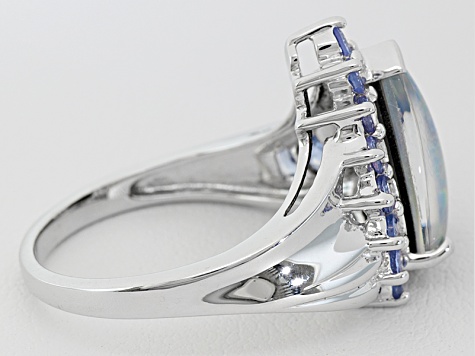 Opal Australian Triplet With Tanzanite Rhodium Over Sterling Silver Ring .53ctw