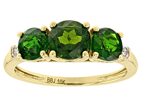 Green Chrome Diopside White Diamond 10k Yellow Gold 3-Stone Ring  2.02ctw