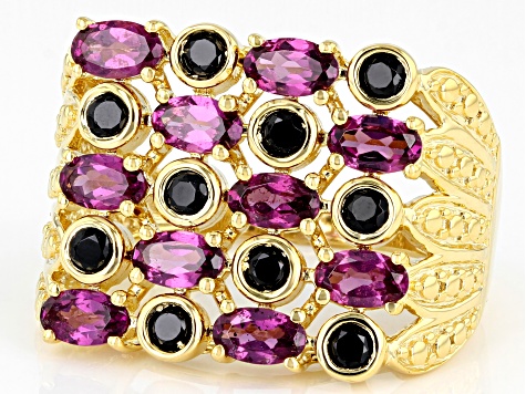 Magenta Rhodolite 18k Yellow Gold Over Sterling Silver Multi Row Ring 2.64ctw