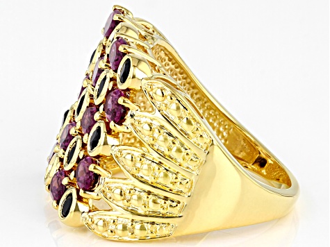 Magenta Rhodolite 18k Yellow Gold Over Sterling Silver Multi Row Ring 2.64ctw
