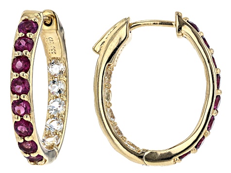Purple Rhodolite And White Topaz 18k Yellow Gold Over Sterling Silver Hoop Earrings 3.12ctw