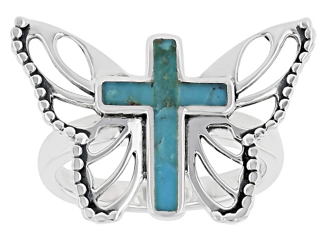 Blue Turquoise Sterling Silver Cross Butterfly Ring