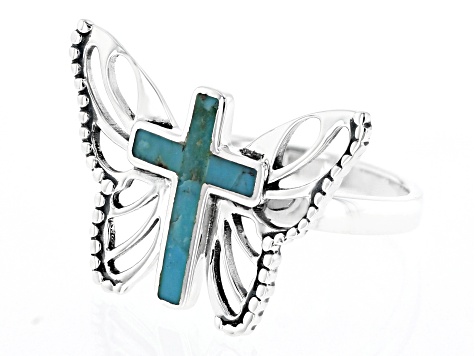 Blue Turquoise Sterling Silver Cross Butterfly Ring