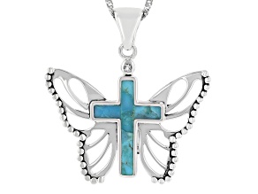 Blue Turquoise Sterling Silver Cross Butterfly Pendant With Chain