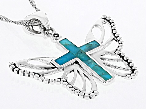 Blue Turquoise Sterling Silver Cross Butterfly Enhancer With Chain