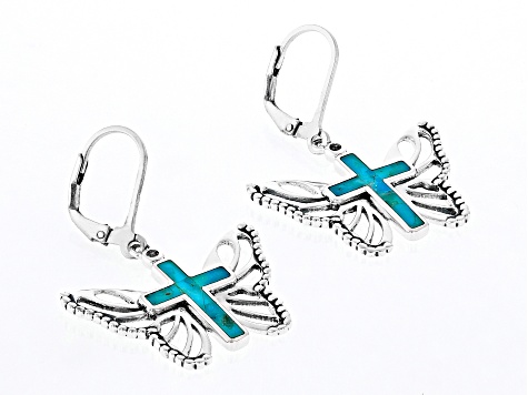 Blue Composite Turquoise Sterling Silver Cross Butterfly Earrings