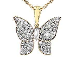 White Diamond 10k Yellow Gold Butterfly Pendant With 18" Rope Chain 0.60ctw