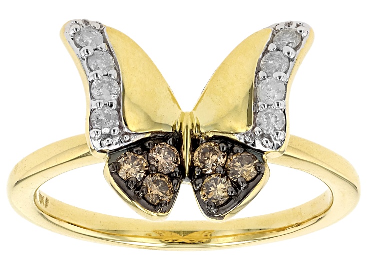 Champagne And White Diamond 10k Yellow Gold Butterfly Ring 0.33ctw