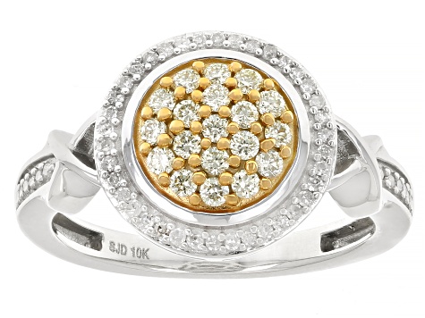 Natural Yellow And White Diamond 10k White Gold Cluster Ring 0.45ctw